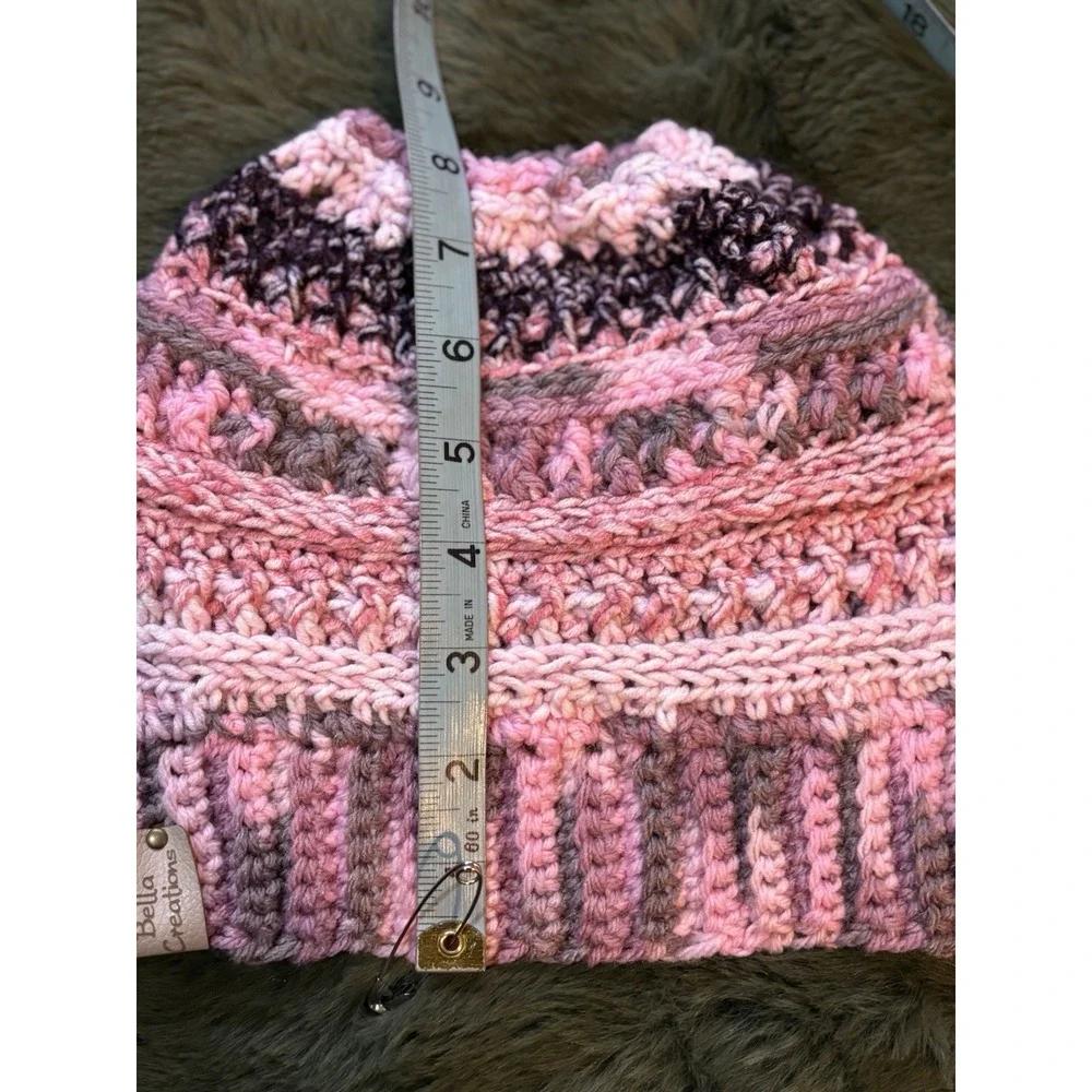 Handmade Crocheted Knit Ponytail Beanie Pink/Black Adult SzLogo Bella‎ Creations
